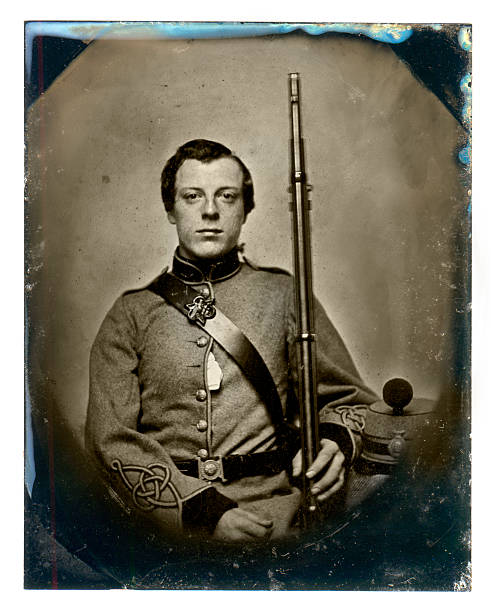 Vintage photograph of a soldier c.1860 Vintage daguerreotype or tintype photograph of a soldier circa 1860 civil war photos stock pictures, royalty-free photos & images