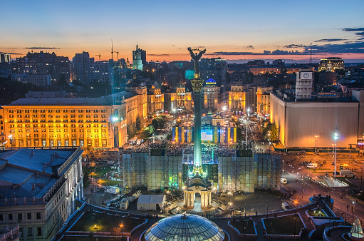 KIEV, UKRAINE 24 AUGUST 2016 - Independence Day of Ukraine in Kiev, central part of Kiev - night view from hotel Ukraine to Independence Square (Maidan Nezalezhnosti) in Kiev, Ukraine
