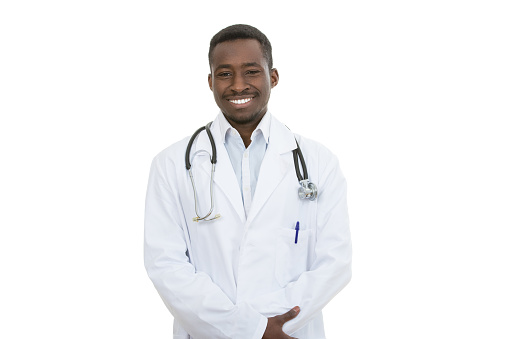 African-American Medical doctor man isolated white background.