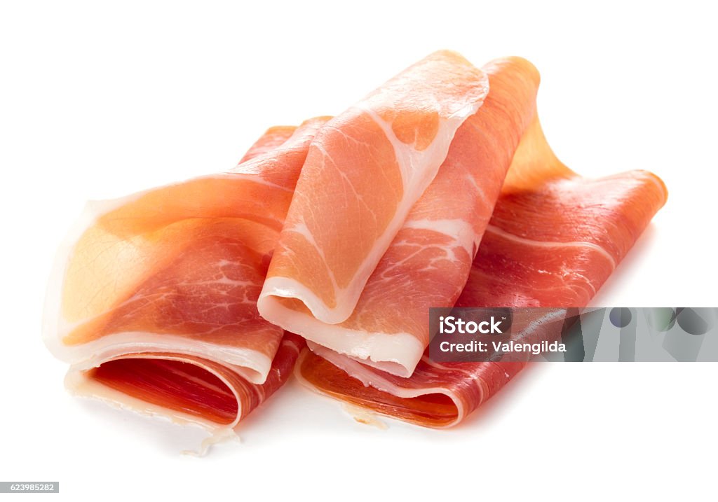 Sliced of jamon Sliced of jamon isolated on white background Prosciutto Stock Photo