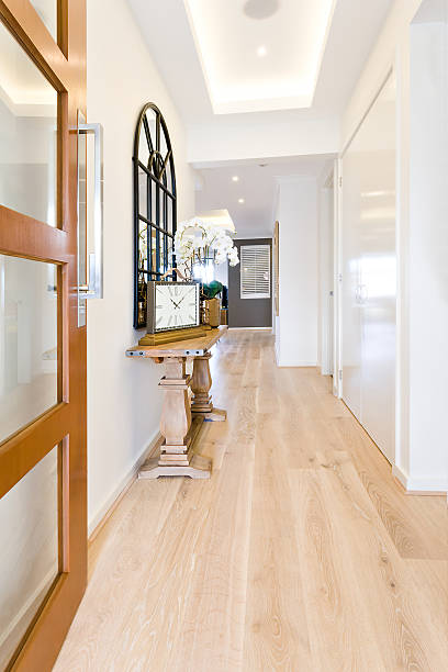 istock Hallway to a modern house with wooden floor 623985408