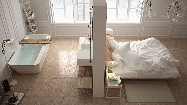 istock Scandinavian bathroom and bedroom, white minimalistic design, ho 623998324