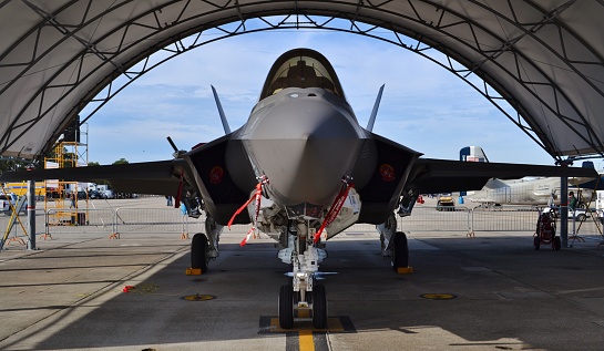 Pensacola, FL, USA - November 11, 2016: A U.S. Air Force F-35 Joint Strike Fighter (Lightning II) jet in a hangar. This F-35 is assigned to the 33rd Fighter Wing at Eglin Air Force Base.