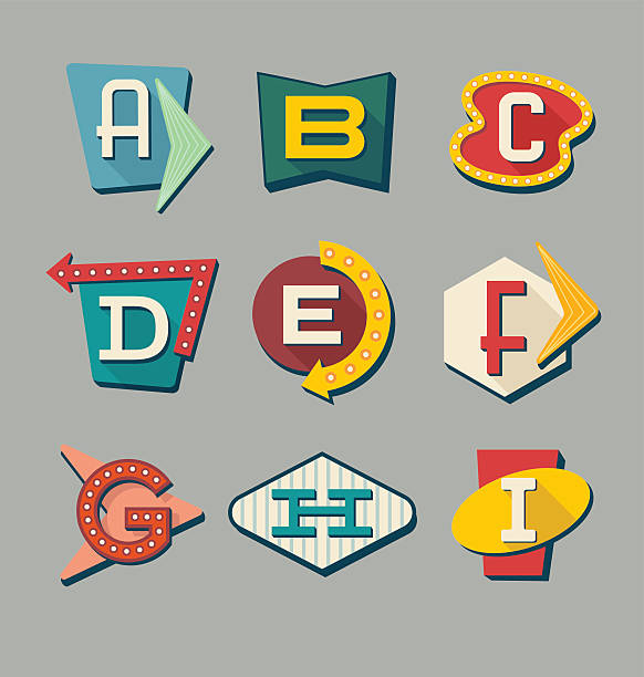 ilustraciones, imágenes clip art, dibujos animados e iconos de stock de alfabeto de signos retro. letras en letreros de estilo vintage. - drive in restaurant