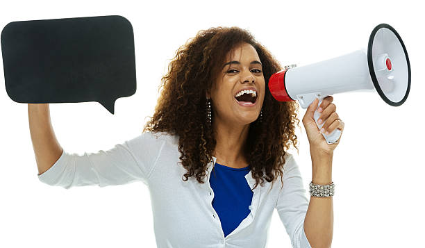istock Cheerful woman shouting with bullhorn 624008746