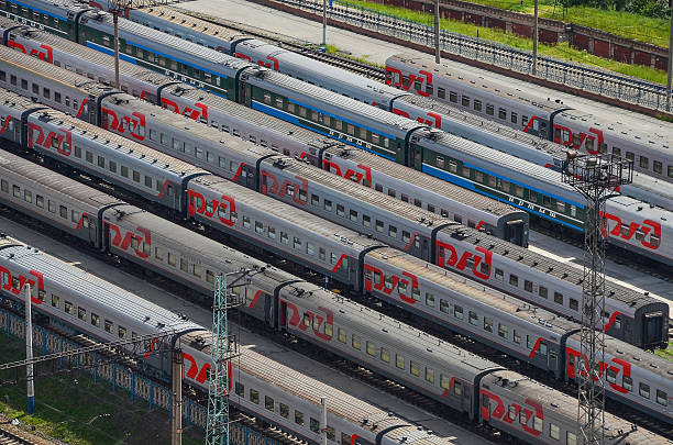 many wagons and trains. aerial view. railway transport in russia. - containerisation imagens e fotografias de stock