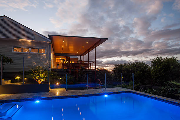 istock Modern hotel with a  pool at night with light sky 624010894