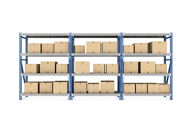 istock Rendering three metal racks put together with beige cardboard boxes 624011654