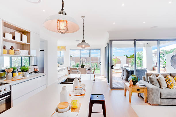 istock Modern kitchen with a dining and patio area 624011658