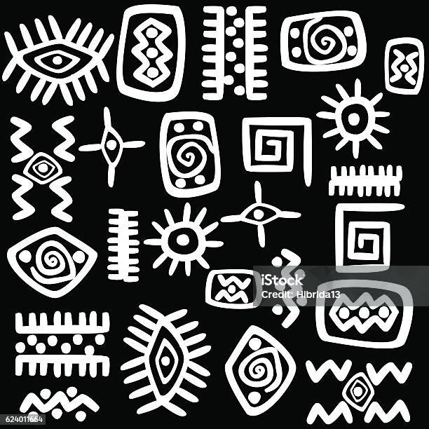 White African Motifs Set Over Black Background Stock Illustration - Download Image Now - Abstract, Adulation, Africa