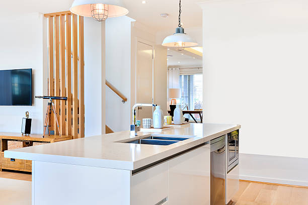 istock Kitchen counter top with the view of inside house 624011846