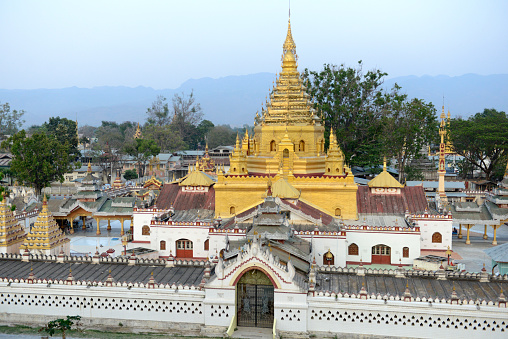 the Yadana Man Aung Pagoda in the city of Nyaungshwe on the Inle Lake in the Shan State in the east of Myanmar in Southeastasia.