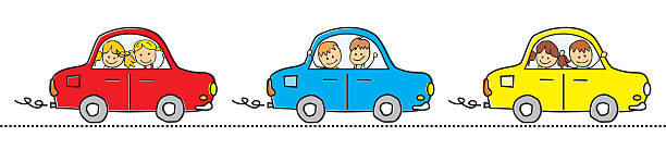 Cars and children Cars and children. Three different cars with children. Vector icon. Red, blue and yellow car in line. field trip clip art stock illustrations