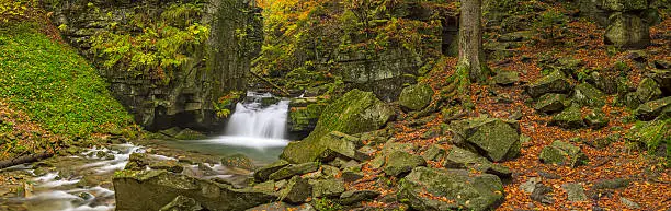 Panoramic view of autumn stream with waterfalls
