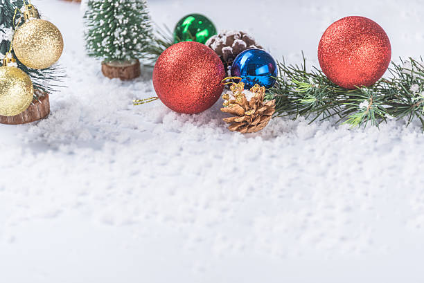 istock full frame of christmas ornaments on snow 624024340