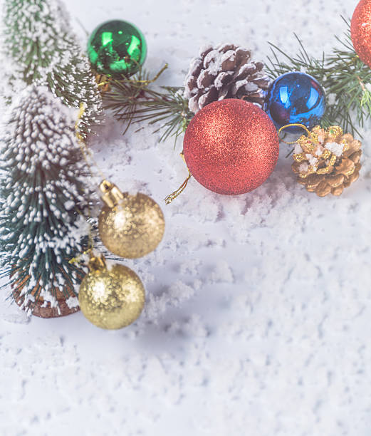 istock full frame of christmas ornaments on snow 624024492
