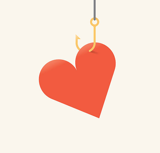 ilustraciones, imágenes clip art, dibujos animados e iconos de stock de ilustración vectorial del símbolo del corazón rojo en el anzuelo de pesca. - romántico