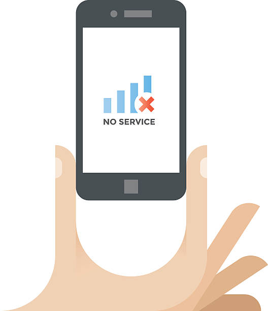 Human hands holding mobile phone with No Service operator message Human hands holding mobile phone with No Service (no cellular network available or no signal) operator message on screen. no signal stock illustrations