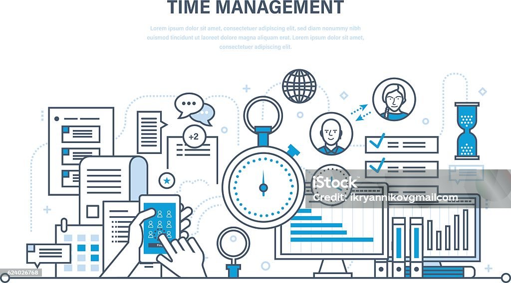 Time management, planning, organization of working , work process control. Time management, planning and organization of working time, work process control and routine management, communications. Illustration thin line design of vector doodles, infographics elements. Personal Organizer stock vector