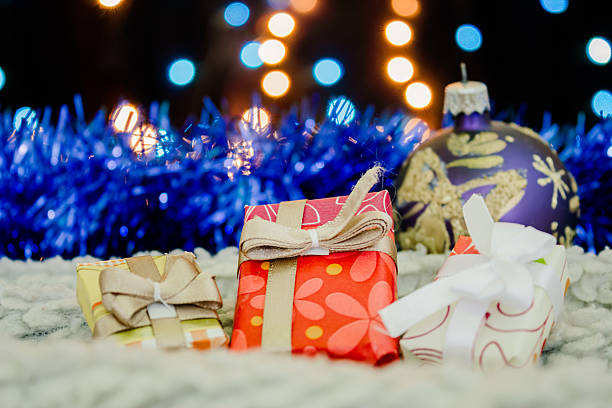 istock Christmas background with presents and baubles. Holiday decorations 624028216