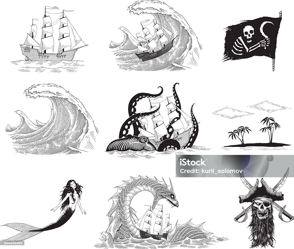 Sea stories Black and white  vector images based on sea legends and stories Mermaid stock vector