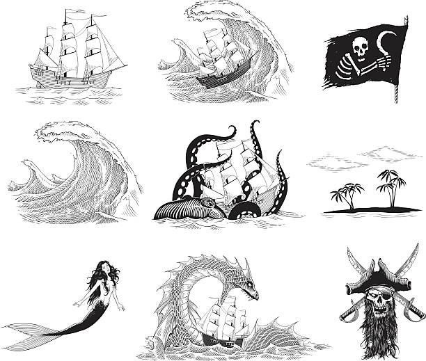 Sea stories Black and white vector images based on sea legends and stories ship wreck shore storm stock illustrations