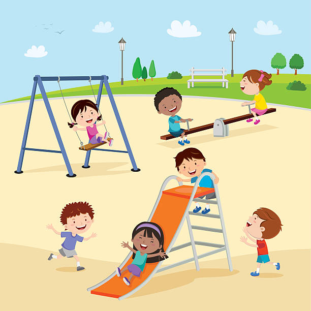 Playground. Kids at the playground. Vector illustration of children at the playground. game swing stock illustrations