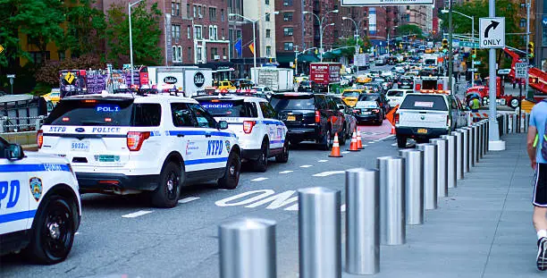 Traffic jam in New York City caused by NYPD SUV's.  Photo taken outside of Trump Tower across from the United Nations on 1st Avenue in New York City's East Side. 