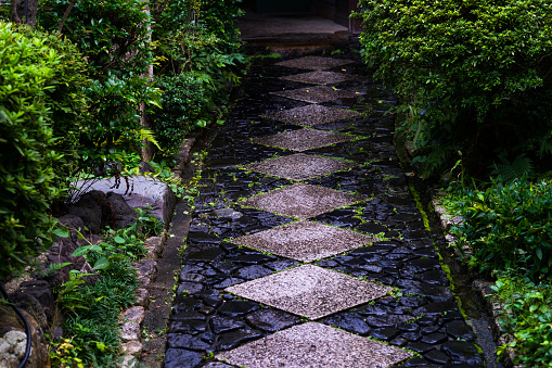Alley at the entrance of traditional Japanese house in Kyoto