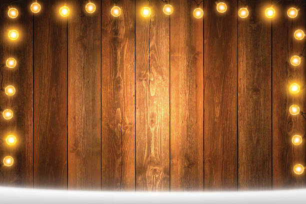istock Christmas Lights on Horizontal blank Wooden background with snow 624047874