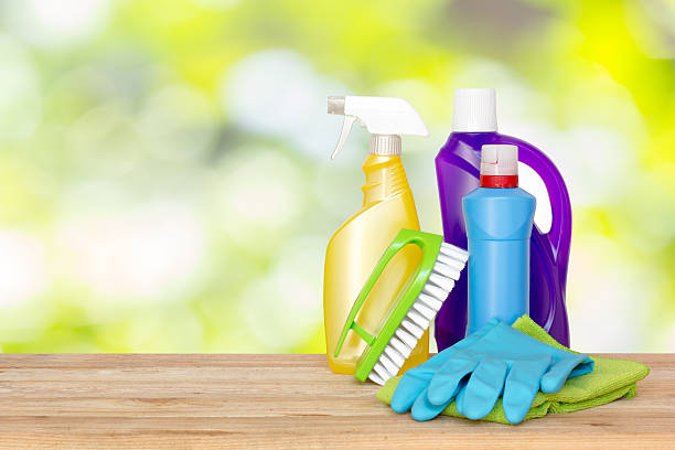 istock house cleaning product on wood table 624048102