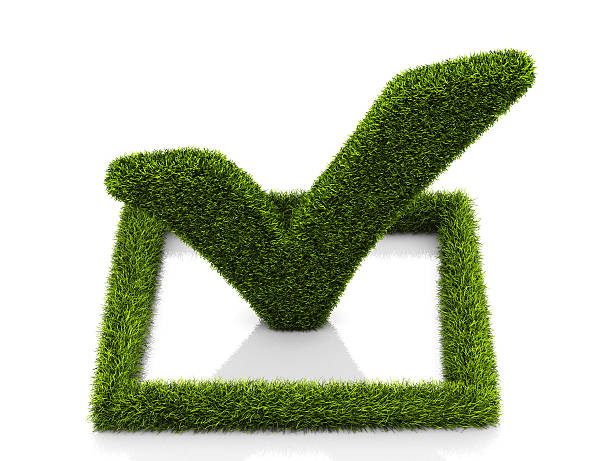 istock Green grassed check mark symbol in the square on white 624054790