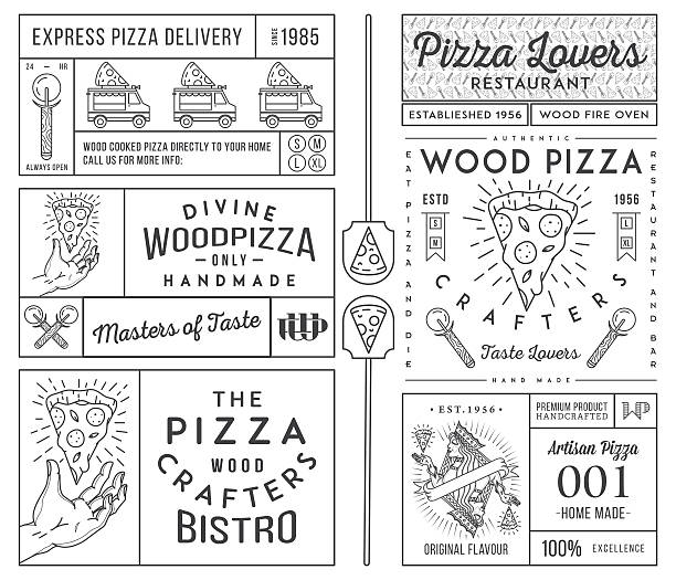 Masters and lovers of pizza black on white Masters and lovers of pizza vector concept street food stock illustrations