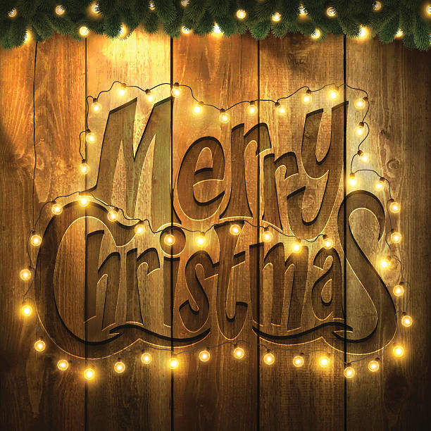 istock Merry Christmas Background with Christmas lights, garland, on wooden Wall 624064170
