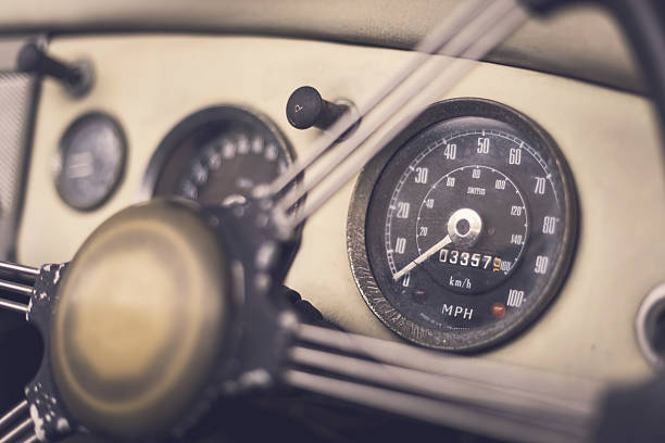 istock Close up on steering wheel, Classic car interior 624064320