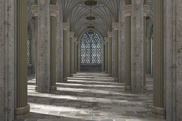 illustrazione 3d interna della sala gotica - cathedral gothic style indoors church foto e immagini stock