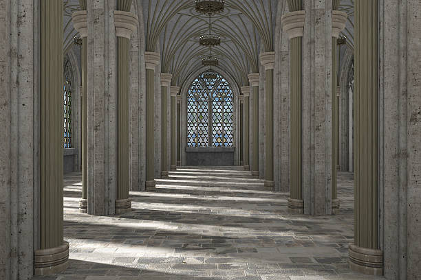 готический интерьер зала 3d иллюстрация - church interior стоковые фото и изображения