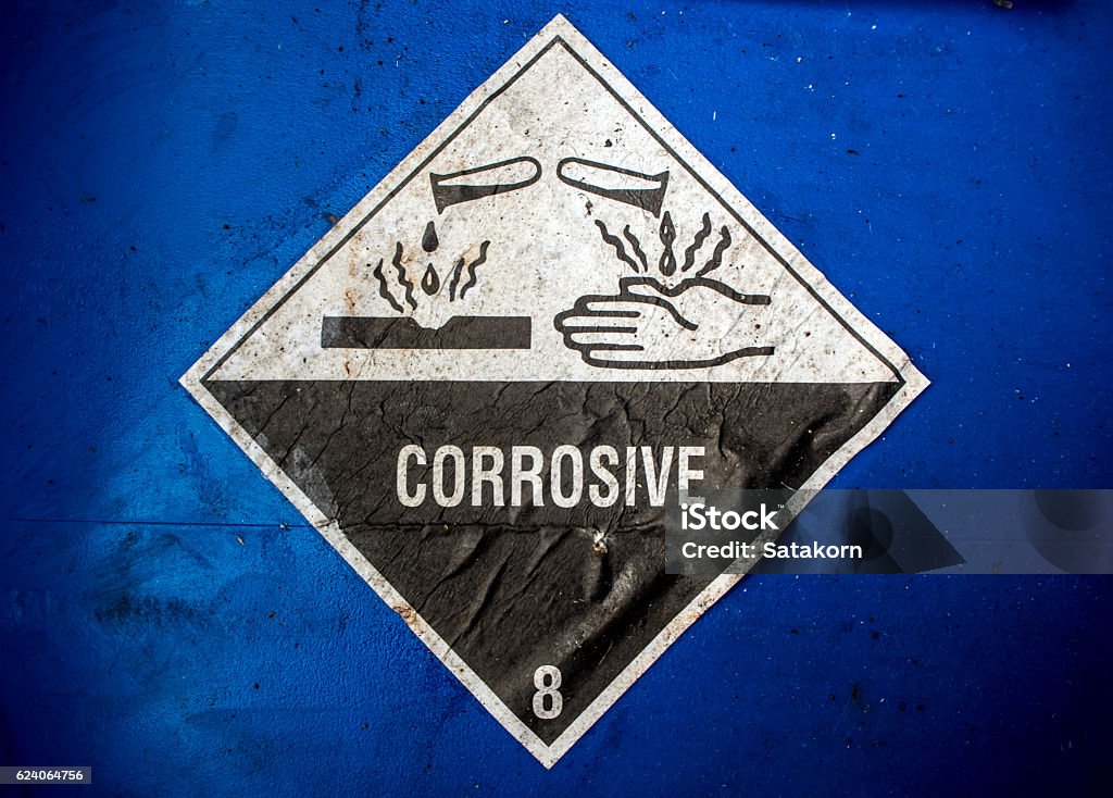 Corrosive material at the acid container Transport index of corrosive material at the acid container Danger Stock Photo