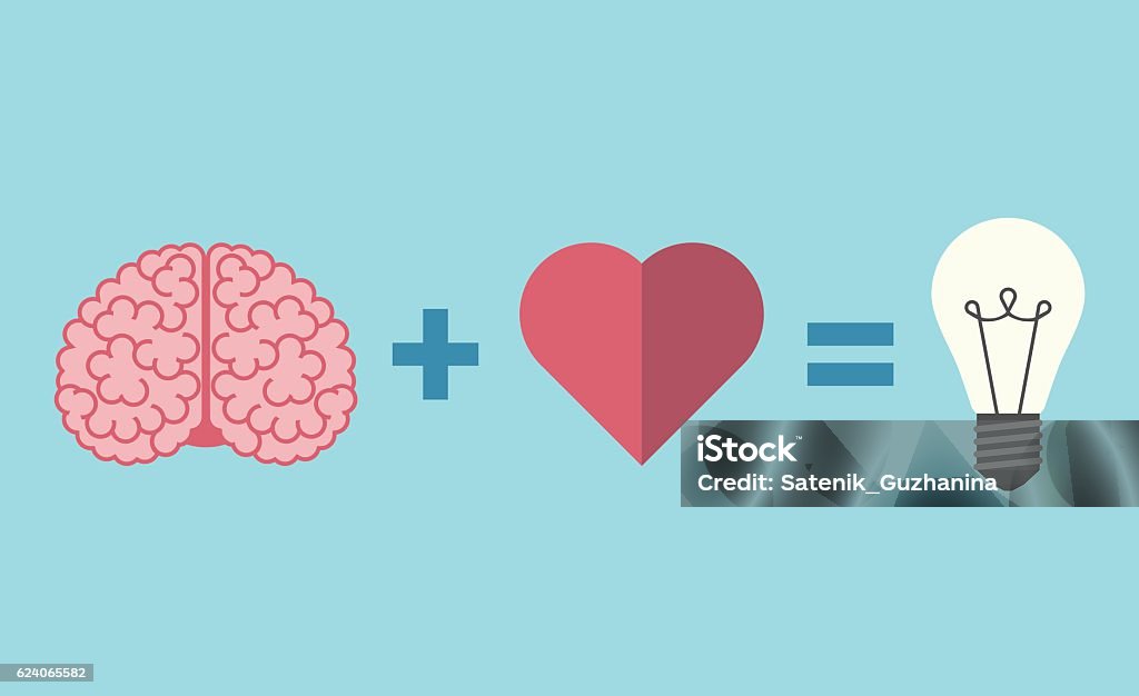 Cerebro, corazón y bombilla - arte vectorial de Símbolo en forma de corazón libre de derechos