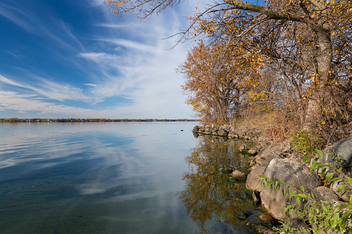 A scenic lake landscape during autumn.