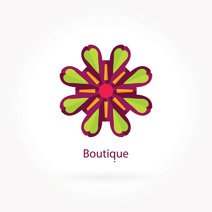 Logo for flower shop, interior. Company logo, stylized flower, element. Simple geometric logo. Mandala logo. Business, invitations. Beautiful blue flower. Pink, green color. Circular logos. Flower logo