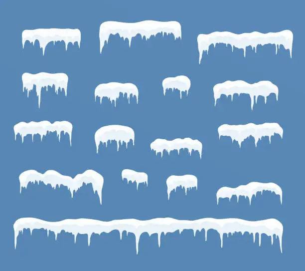Vector illustration of Set of ice caps. Snowdrifts, icicles.