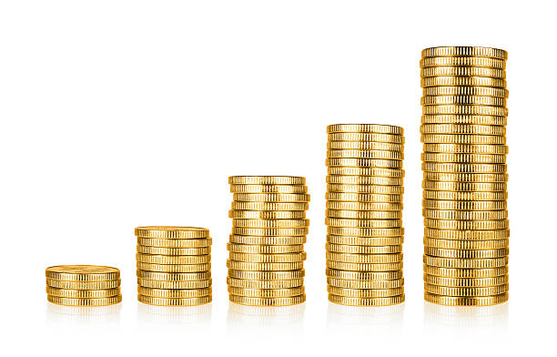 Golden coins stacks Golden coins stacks arranged as a graph isolated on white background stack stock pictures, royalty-free photos & images