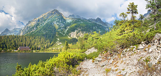 High Tatras - Panorama of Popradske Pleso lake and Chalet High Tatras - Panorama of Popradske Pleso lake and Chalet pleso stock pictures, royalty-free photos & images
