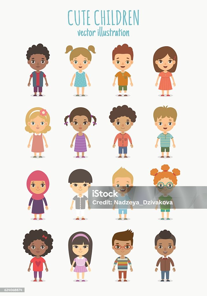 Children set Set of vector cute children isolated on white background. Different nationalities and dress styles. Child stock vector