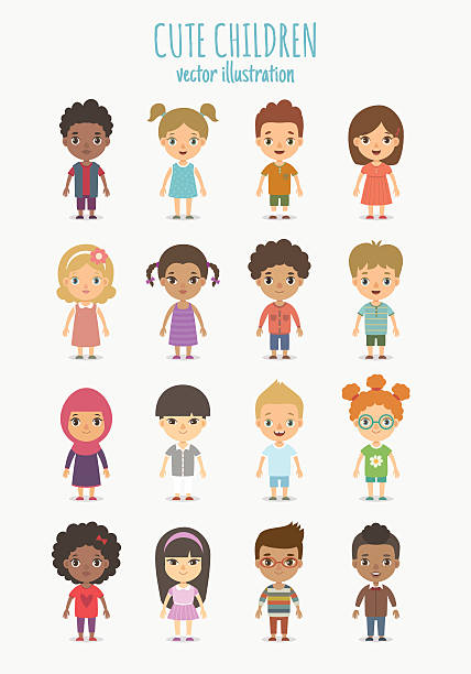 Children set Set of vector cute children isolated on white background. Different nationalities and dress styles. hispanic family stock illustrations