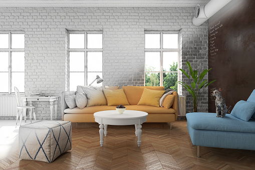 Modern interior concept mockup, showing a living room illustration, part of the image is without materials. Home remodelling 3D illustration. Scene shows a sofa, armchair, TV set, coffee table, blackboard, and a brick wall in the backgound. Windows showing nature scenery.