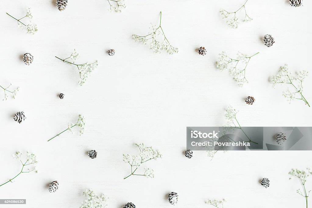 Marco de invierno hecho de conos de pino y flores de gypsophila - Foto de stock de 2017 libre de derechos