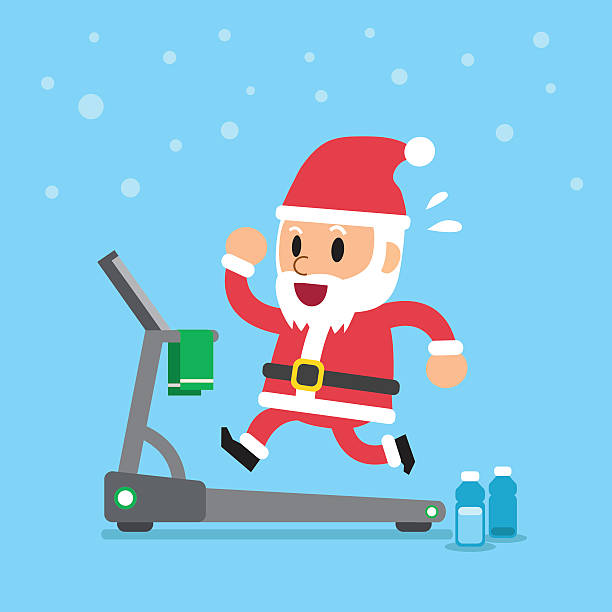 istock Cartoon santa claus running on treadmill 624086922