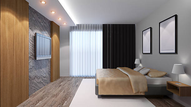 istock Bedroom house in the forest. 3d interior rendering. 624097034